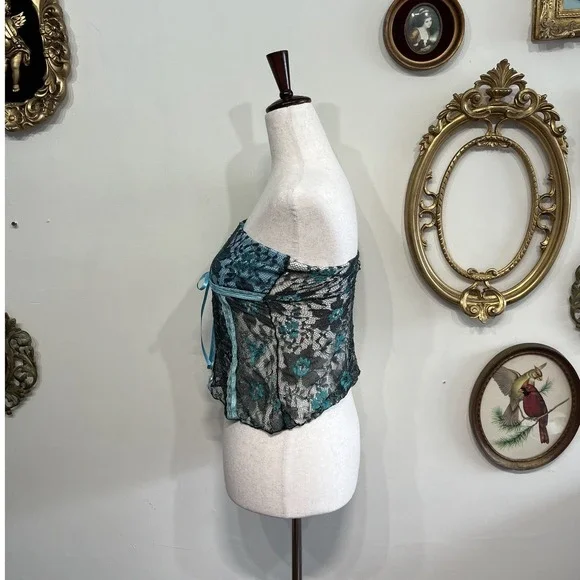 Vintage Deco USA Teal & Black Floral Lace Tube Top - Size Small - Picture 2 of 5